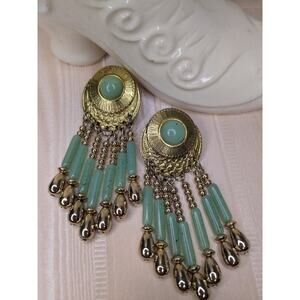 Vintage green jade earrings beaded fringe gold tone medallion art deco